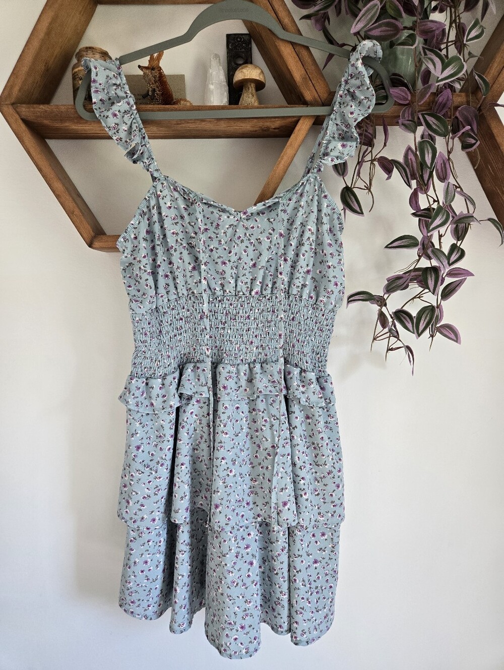 Chocolate Pale Blue Floral Smocked Mini Dress